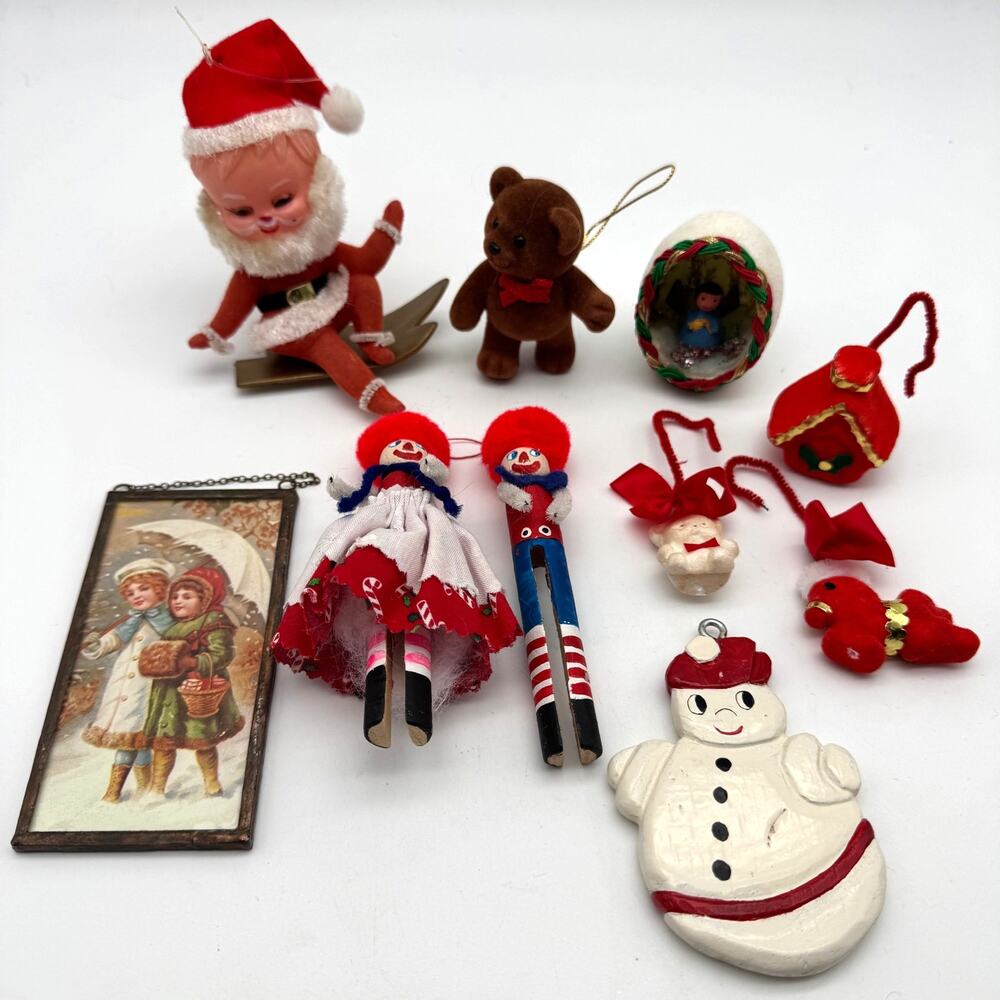 Vintage Christmas Ornaments Santa Skiing Snowman Victorian Girls Pipe Cleaner
